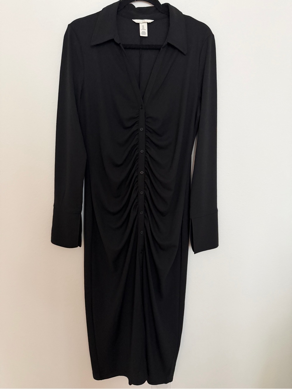 H&M Black Long-Sleeve Ruched Button-Front Midi Dress